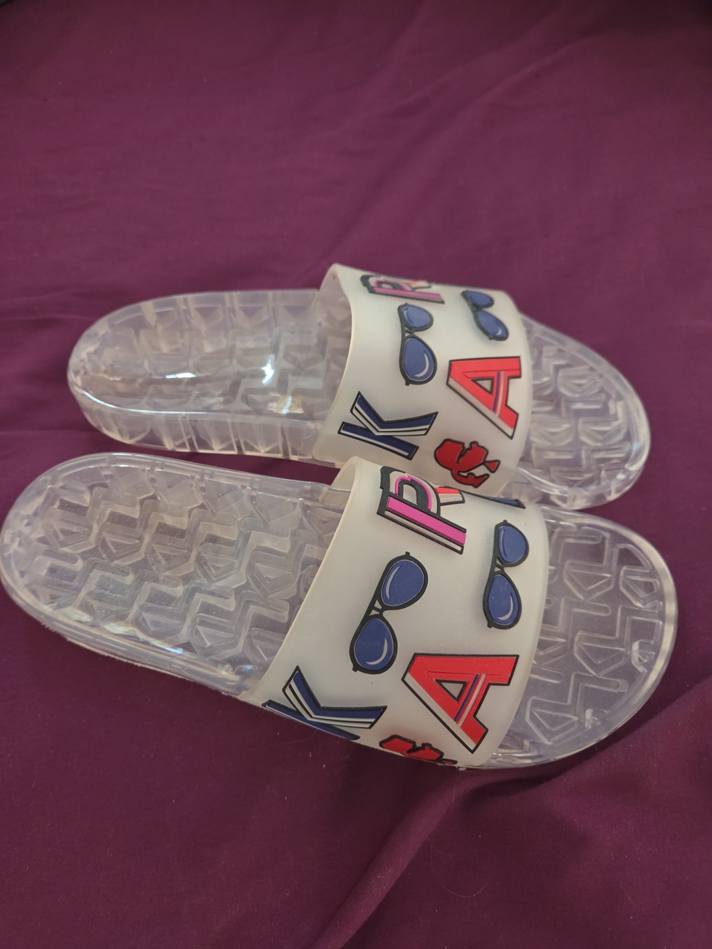 Karl Lagerfeld White Clear Slide Sandals with Red & Blue Accents